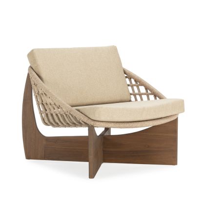 Sillón Madera de Teca,Ratán y Tela en Natural/Camel, 75 Cm.