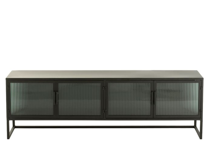 Mueble Televisión Largo Industrial Metal Negro Cristal, 150 cm
