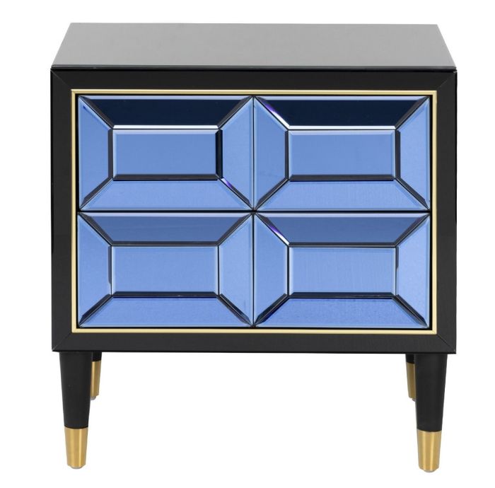Mesita De Noche Barein Art Decó Azul/ Negro Madera Espejo Acero