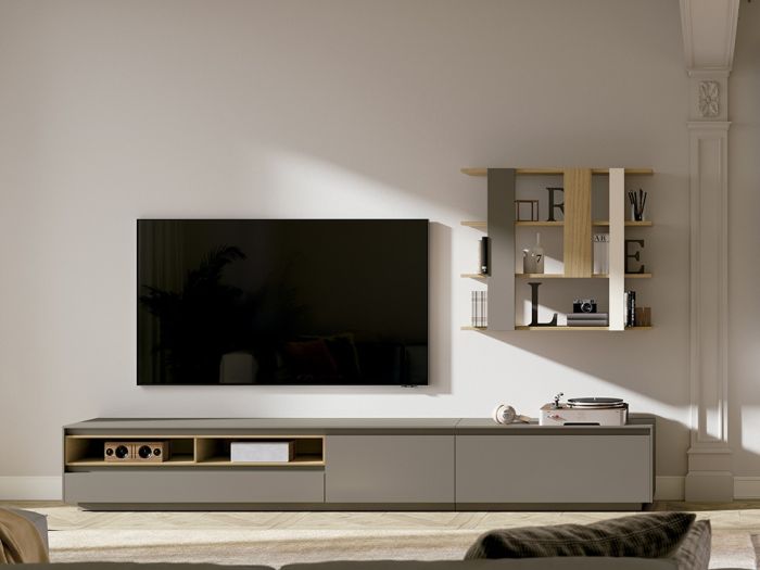 Mueble TV con Espacio Multimedia Verso Estilo Moderno Lacado Satinado Gris Mocca, 317'4 Cm