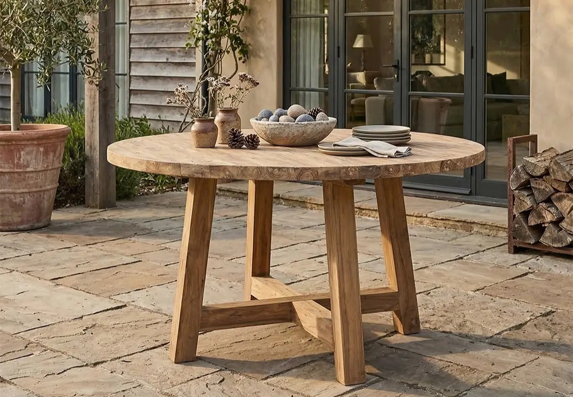 Mesa comedor vintage de madera maciza en ambiente rústico y natural