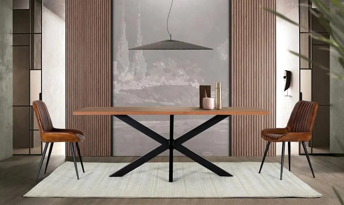 Mesa de comedor industrial de madera maciza y estructura metálica negra para comedor moderno